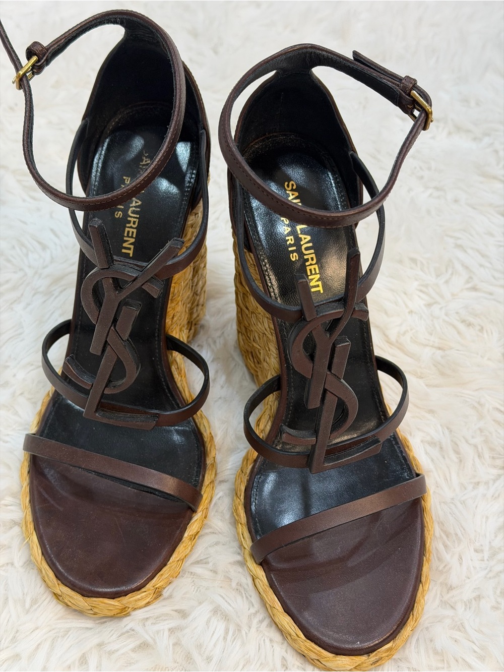 Saint Laurent Brown Leather Espadrille Wedge Sandals with YSL Motif